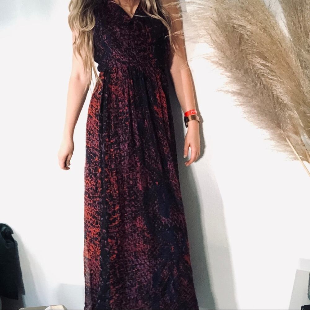 ANTHROPOLOGIE HD Seeded Sinopia Red Black Silk Cowl Neck Racer Tank Maxi Dress S - Picture 2 of 8